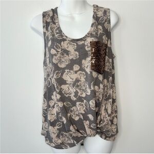 7TH RAY Mocha Brown Floral Knotted Tank Top Size Small Sequins